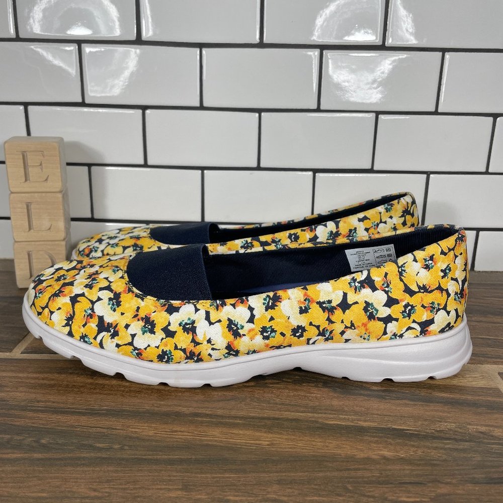 Lands End Women's Size 9.5 Shoes Yellow Floral Wide Casual Slip On Comfort Flat
